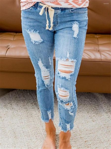 Jeans para mujer para mujer estiramiento flaco rasgado agujero lavado denim mamá hembra delgada jeggings cintura alta azul claro lápiz y2k pantalones pantalones