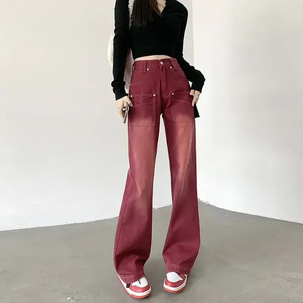 Jeans De Mujer Para Mujer Con Bolsillos Pantalones Rojo Vino Pantalones De Cintura Alta S Para Mujer Pierna Recta Tendencia Estética 2024 Chic Y Elegante Z