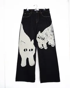 Jeans pour femmes Femmes Y2K Harajuku Hip Hop Gothique Kawaii Mignon Chat Imprimé Surdimensionné Mode Casual Taille Haute Pantalon Large