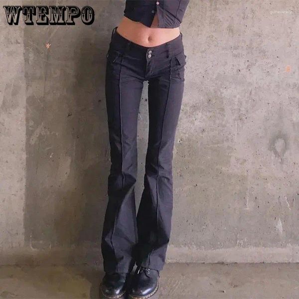 Jeans para mujeres Wtempo Black Women Spring Otoño American Spicy Girl Doble Botón División División Micro Boot Cut Casual Long Pants