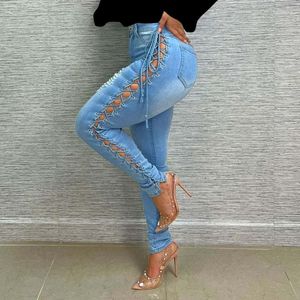 Jeans pour femmes wuhe draw-cordon déchiré lacet up Hollow out Zipper 2024 Summer Fashion Street Street Denim Pantalon