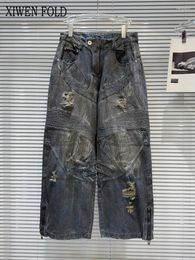 Jeans de mujeres Xiwen 2024 Summer Hold Wish Patchwork Contrast Color Denim Pierna ancha Highstreet Highwaist Fashion Design XF2074