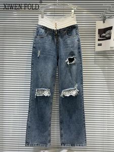 Jeans pour femmes Xiwen 2024 Patchwork de dentelle d'été Hold faire une couleur de contraste haute taille vintage du design de mode XF2114