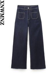 Dames Jeans XNWMNZ 2023 Damesmode Patch Pocket Marine Vrouw Vintage Hoge Taille Rits Vrouwelijke Chic Wijde Pijpen 230920