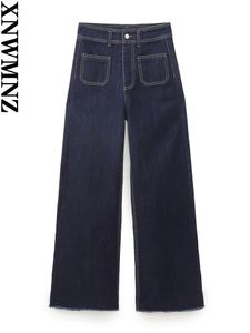 Jeans pour femmes xnwmnz 2023 femmes mode patch poche marine femme vintage taille haute fermeture à glissière femme chic jambe large 231102