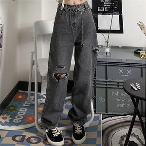 Damesjeans Xpqbb Vintage streetwear donkergrijze jeans dames Y2K hoge taille gescheurde denim broek vrouwelijk ontwerp losse wijde pijpen broek 230215