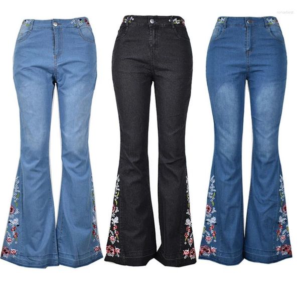 Jeans pour femmes XS-4XL brodé évasé pour les femmes printemps automne floral mince lavé denim pantalon dames pantalon décontracté