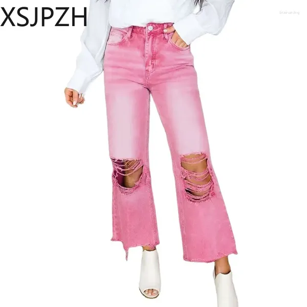 Jeans de mujer xsjpzh moda de pierna ancha suelta vintage cintura alta estiramiento flaco rasgada ropa de mezclilla casual de mezclilla y2k 2000s