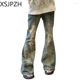 Jeans pour femmes XSJPZH Wash Old Retro Spice Perlé Big Print Micro Flare Femmes Slim Pantalon droit taille haute drapé Casual Femme