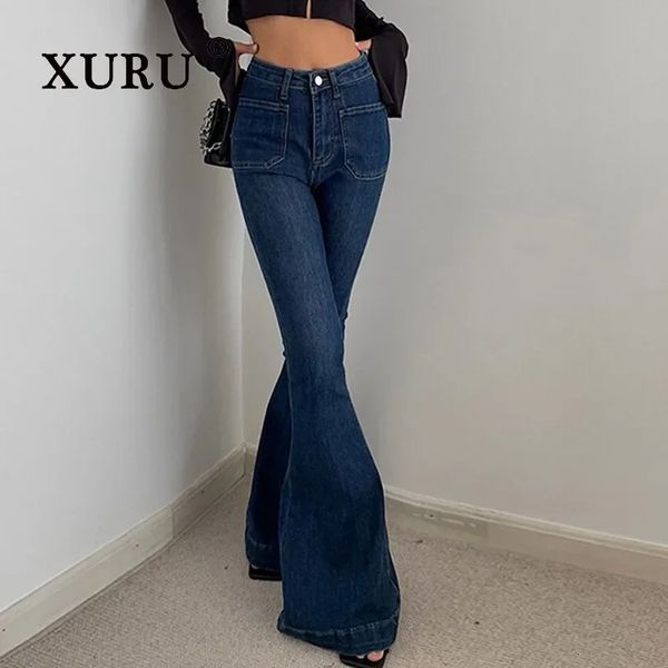 Jeans pour femmes XURU taille haute européenne et américaine élastique serré porter un pantalon évasé au sol bleu long K5 6805 231101