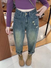 Jeans pour femmes Y2K 2024 Harlan grande taille taille haute amincissante conception élastique rétro déchiré papa fille pantalon