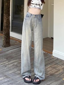 Jeans pour femmes y2k américain rétro féminin 2024 Été haute goutte de taille pantalon de jambe droite montre un pantalon de vadrouille mince