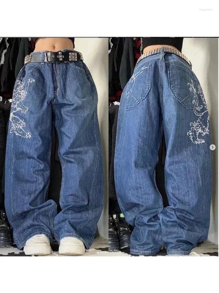 Jeans pour femmes Y2K American Stamped Taille haute droite pour femmes avec motif de poker de tigre lâche jambe large baggy imprimé lavé