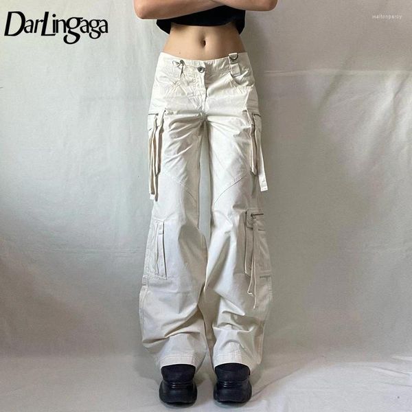 Jeans para mujeres Y2K Chic Streetwear Pantalones de carga blanca Palacos de costura Folletos de la cintura de la cintura Danez de la cintura baja recta