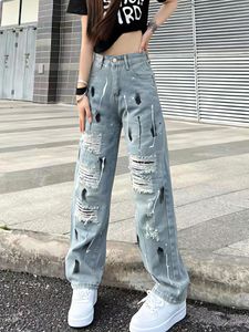 Jeans pour femmes Y2K Vêtements Femmes Pantalons Splatted Ink Torn Wash Graffiti Hole Fashion Loose Straight Wide Leg Pantalon 90s Vintage Vêtements