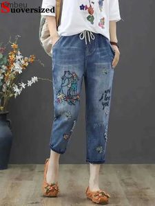 Jeans pour femmes y2k broderie longueur cheville Baggy jean élastique taille haute Capris à lacets Harem Denim pantalon femmes Vaquero surdimensionné 4xl PantalonC24318