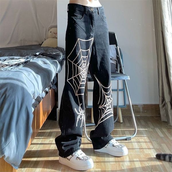Jeans pour femmes y2k emo hommes décontractés harajuku noir alt spider web hop gothique gothique grunge droit de jambe large pantalon streetwear 220830