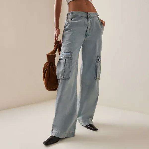 Jeans pour femmes Y2k Mode Printemps Été Denim Pantalon Bleu Ciel Baggy Jambe Large Avec Multi Poches Streetwear