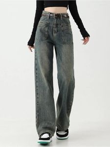 Jeans pour femmes Y2K Harajuku gris foncé jambe large femmes 2023 taille haute denim pantalon poches pantalon droit femme avec ceinture