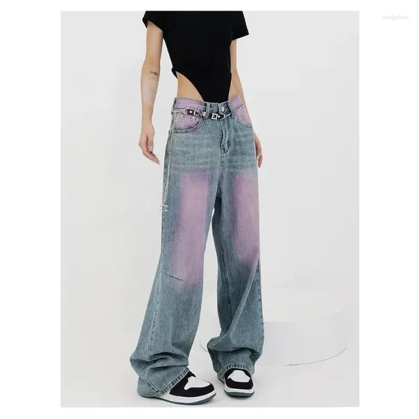 Jeans pour femmes y2k harajuku haut taille vintage pantalon lâche américain rétro streetwear large jambe baggy cravate dye denim pantalon n07