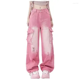 Vrouwen Jeans Y2k Harajuku Wijde Pijpen Hoge Taille Pockest Roze Broek 2024 Lente Zomer Vintage Gescheurde Straat Denim Broek