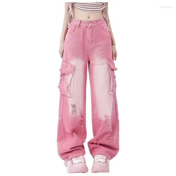 Jean femme Y2k Harajuku jambe large taille haute poche pantalon rose 2024 printemps été Vintage déchiré rue Denim pantalon