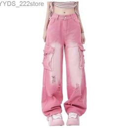 Jeans féminins y2k harajuku large patte haute taille rose jeans rose 2023 printemps / été femme rétro larme jeans jeans yq240423