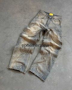 Jeans pour femmes Y2k High Street Rétro Hip Hop Brodé Taille Large Pantalon Femme Pantalon Lavé Lâche Surdimensionné MenH24220