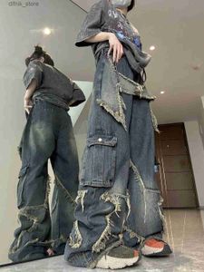 Damesjeans y2k losse wide been denim jeans voor dames patchwork punk vuilniszak rechtstreekse broek retro strak Harajuku oversized broek y240408