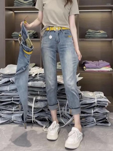 Jeans pour femmes Y2k corps en forme de poire légèrement gras porter une grande taille tuyau droit Denim neuf points enfants 2023 été mince