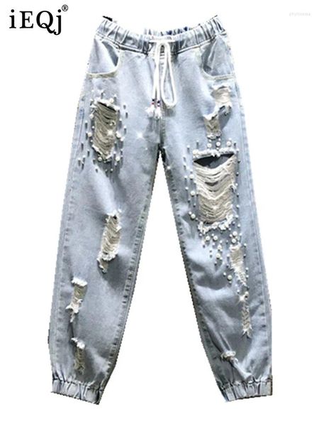 Jeans pour femmes Y2K Pearls Splicged Hole Design Vintage for Women 2024 Summer Lace-Up Washed Loose Fashion Harem Pantals 3WQ4960