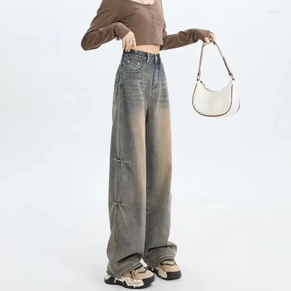 Jeans de mujer Y2K Retro Pre-Fall Yellow Clay Smudge Gradient Wash Pantalones de pierna ancha ajustables de moda