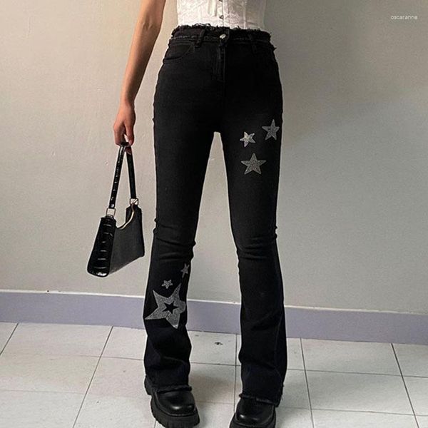 Jeans pour femmes Y2K Rétro Tassel Trim Mall Goth Grunge Pantalon Strass Star Motif Noir Coréen Mode Chic Femmes Pantalon droit