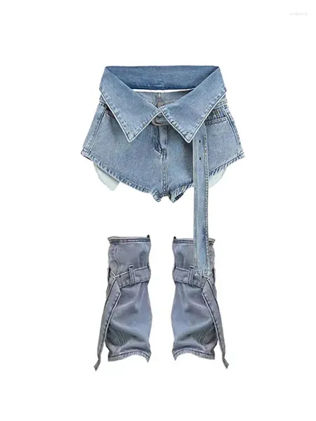 Jeans pour femmes y2k rétro lavage bleu femmes shorts en jean A-line haute taille avec ceinture irrégulière roll up girls club club streetwear 2000