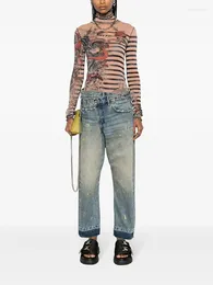 Jeans para mujeres Y2K Spring/Summer Pintura de oro desgastada Crossover de tinta salpicada Jeans de algodón2024 pantalones de mujer recta de cintura alta