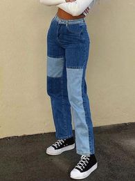 Jeans pour femmes y2k street colorblock épissant la taille haute de la taille haute poche droite pantalon denim décontracté