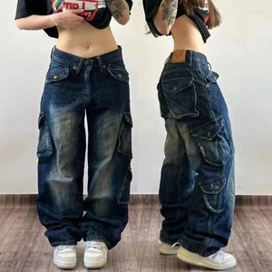 Jeans pour femmes Y2K Street Robe Rétro Harajuku Pantalon lavé Multi-poches Hommes et femmes Taille haute Large