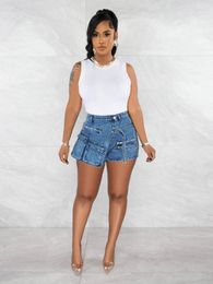 Jeans femme Y2k Streetwear élastique taille haute bouton Cargo court étudiant fille fermeture éclair Patchwork paquet hanche Slim Fit Denim Shorts