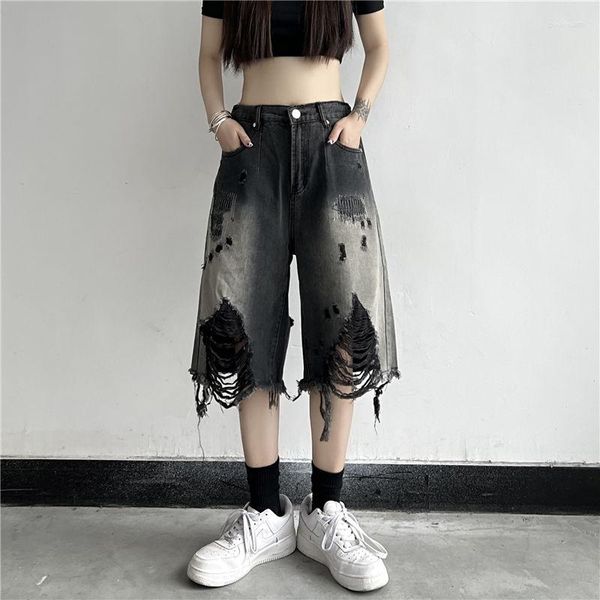 Jeans Femme Y2K Été Femmes Vintage Streetwear Noir Ripped Denim Shorts Taille Haute Longueur Genou Large Jambe Baggy Pantalon Court Harajuku