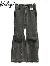 Jeans femeninos Y2K Ropa de mujer versátil 2024 durante toda la temporada Nicho desacopleando Snapting recto costura de la pierna ancha pantalones de golpe de piso