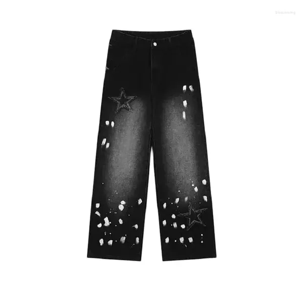 Jeans para mujer Y2k Vintage Harajuku Punk Cintura alta Estrella de cinco puntas Tinta salpicada Pantalones de pierna ancha para mujer Pantalones rectos de mezclilla sueltos