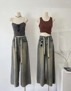 Damesjeans Y2K Vintage Wash Wide-Leg Casual Drawtring Femme Ladies Zomercomfort Koreaanse mode Mom Denim broek