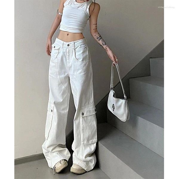 Damesjeans Y2K Vintage witte baggy cargo dames Koreaanse stijl wijde pijpen broek oversized lente herfst streetwear hiphop zakken broek