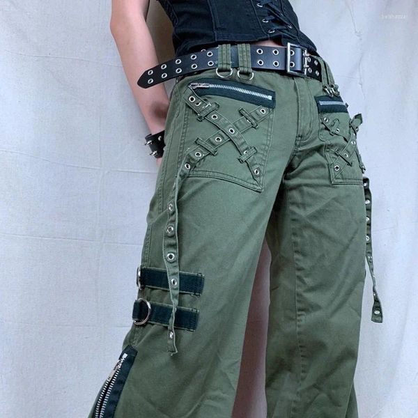 Jeans pour femmes Y2K Femmes Vert Zipper Grunge Punk Gothique Baggy Rétro Bandage Pantalon Long Low Rise Cargo Coréen Femme Pantalon de Survêtement