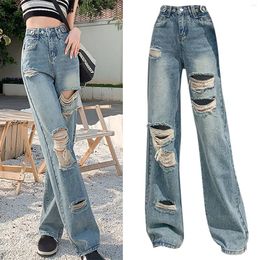 Jeans pour femmes Y2K Femmes Ripped Hollow Out Trou Vintage Streetwear Coréen Droit Denim Pantalon Femme Taille Haute Boutons Jambe Large