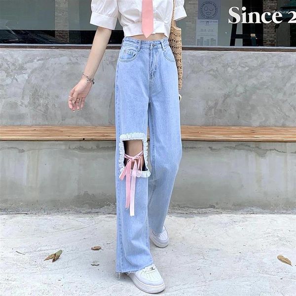 Jeans para mujer Y2K Mujeres Ripped Coreano Bow Tie Vendaje Suelto Pantalones de pierna ancha Moda de verano Mujer All Match Student Denim Pantalones