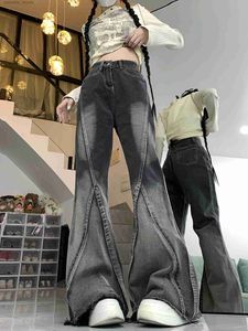 Damesjeans y2k dames straat losse hiphop hoge taille flanellen broek fe gradient wassing mode design damesbroek c240411