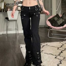 Damesjeans yangelo donkere punk y2k grunge low taille emo jeans mall gothic dames zwart patchwork electro broek mode streetwear alt kleding 240423