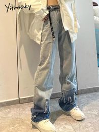 Damesjeans Yitimoky blauwe hoog getailleerde vrouw denim broek streetwear gradiënt wijde pijpen kwastje Koreaanse mode rechte broek