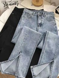 Jeans Femme Yitimoky Streetwear élastique Denim fendu Flare jean femme taille haute Vintage bleu jean femme gris cloche bas jean femme Y2k Q230901